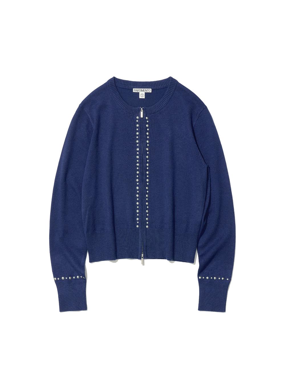 [WOMEN] STUDDED ZIP-UP KNIT CARDIGAN_NAVY