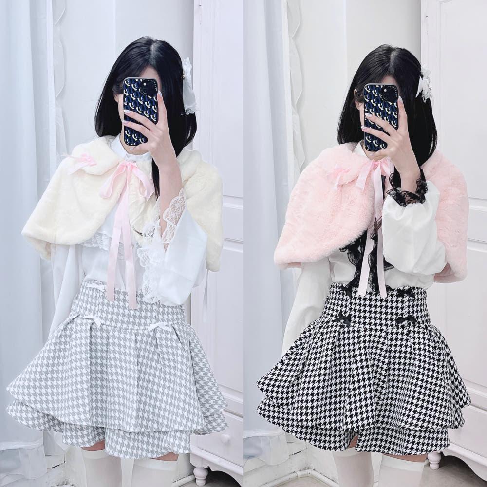 퍼 리본 케이프 (화이트/핑크)