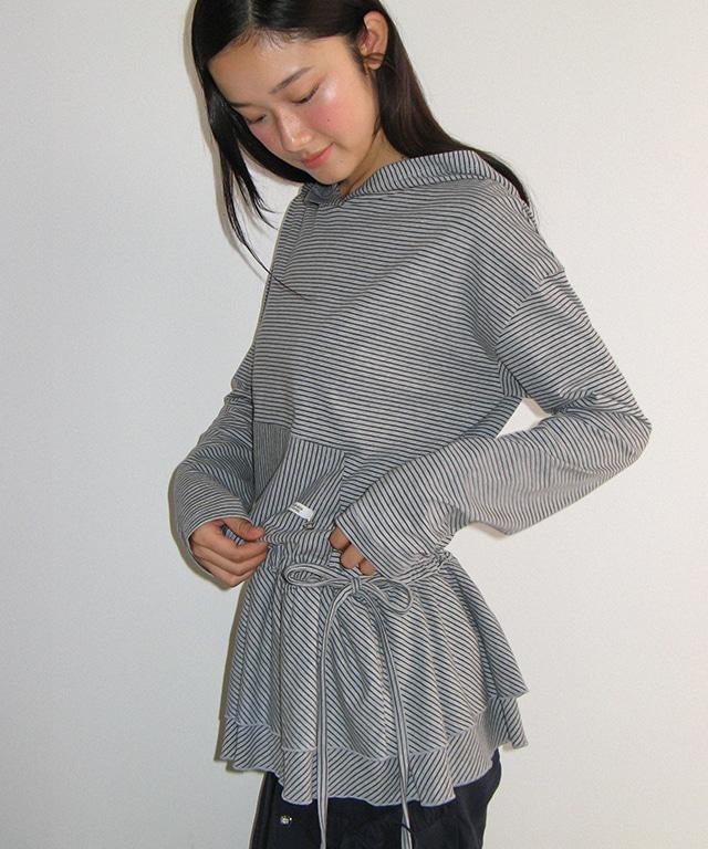 STRIPE RUFFLE LAYERED HOODED LONG SLEEVE GREY