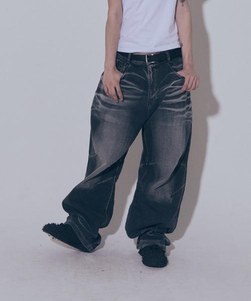 Embossed Wave Washing Wide Denim Pants Blue