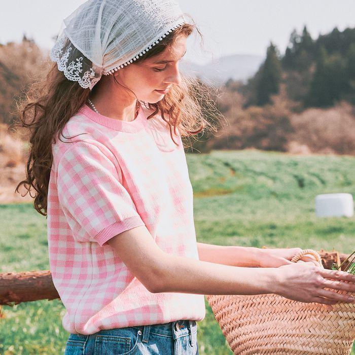 GINGHAM SHORT SLEEVE KNIT PULLOVER PINK