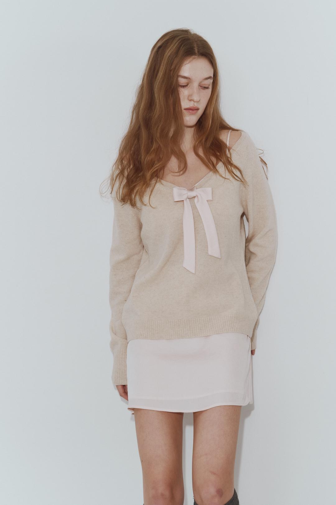 PLAIN WOOL V NECK KNIT CARDIGAN / PEACH BEIGE