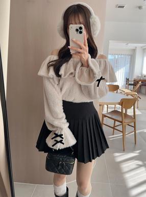 袖リボンオフショルダーフリルフェザートップス[pu43]