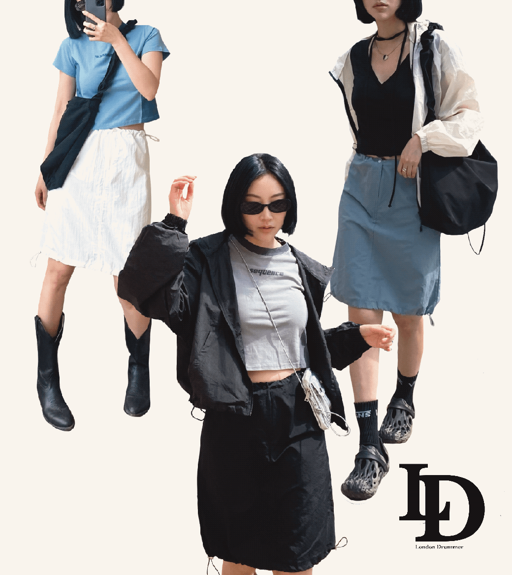 [y2k-3컬러]윈드 나일론 스트링 데크 미디 스커트