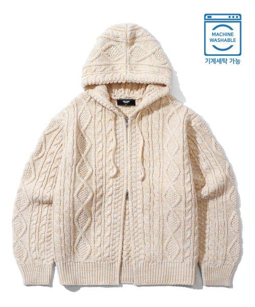 워셔블 아란 케이블 후드 집업 니트 (IVORY)