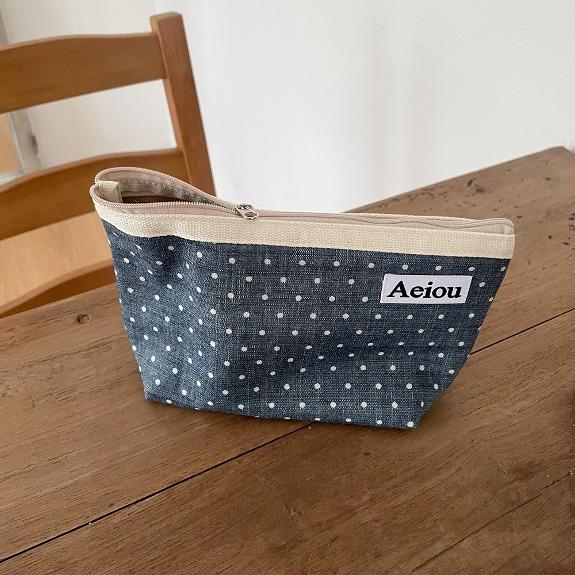 Aeiou Basic Pouch (L size) White dot and Navy