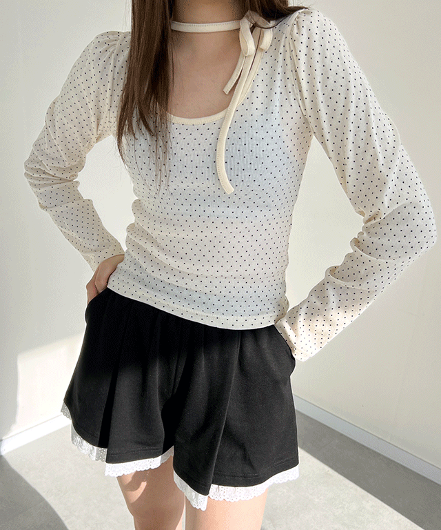 스트링 초커 도트 퍼프 긴팔 티셔츠 (2color)