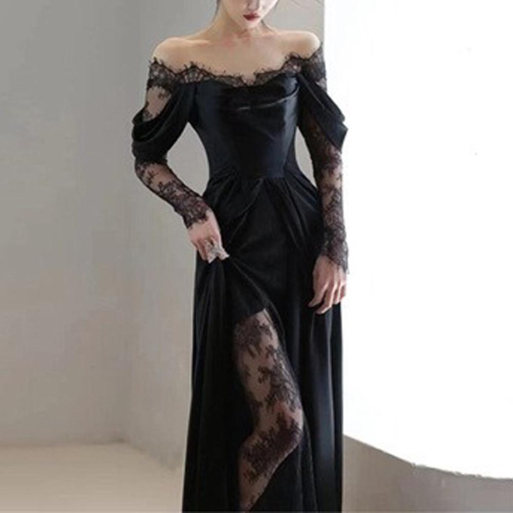 블랙드레스 2부 스몰 셀프 연예인 웨딩 촬영 롱 레이스 새틴 긴팔 드레스 wsd466-2