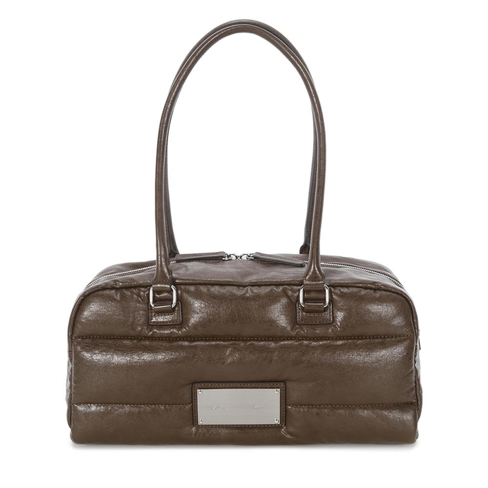 FAUX LEATHER SPORTY TOTE PADDING BAG IN BROWN