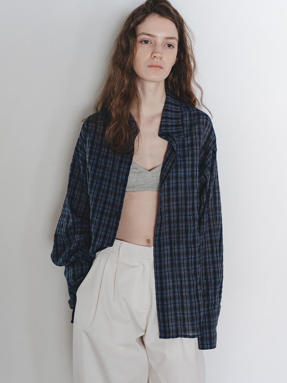 [new] Grandpa check shirt - Navy