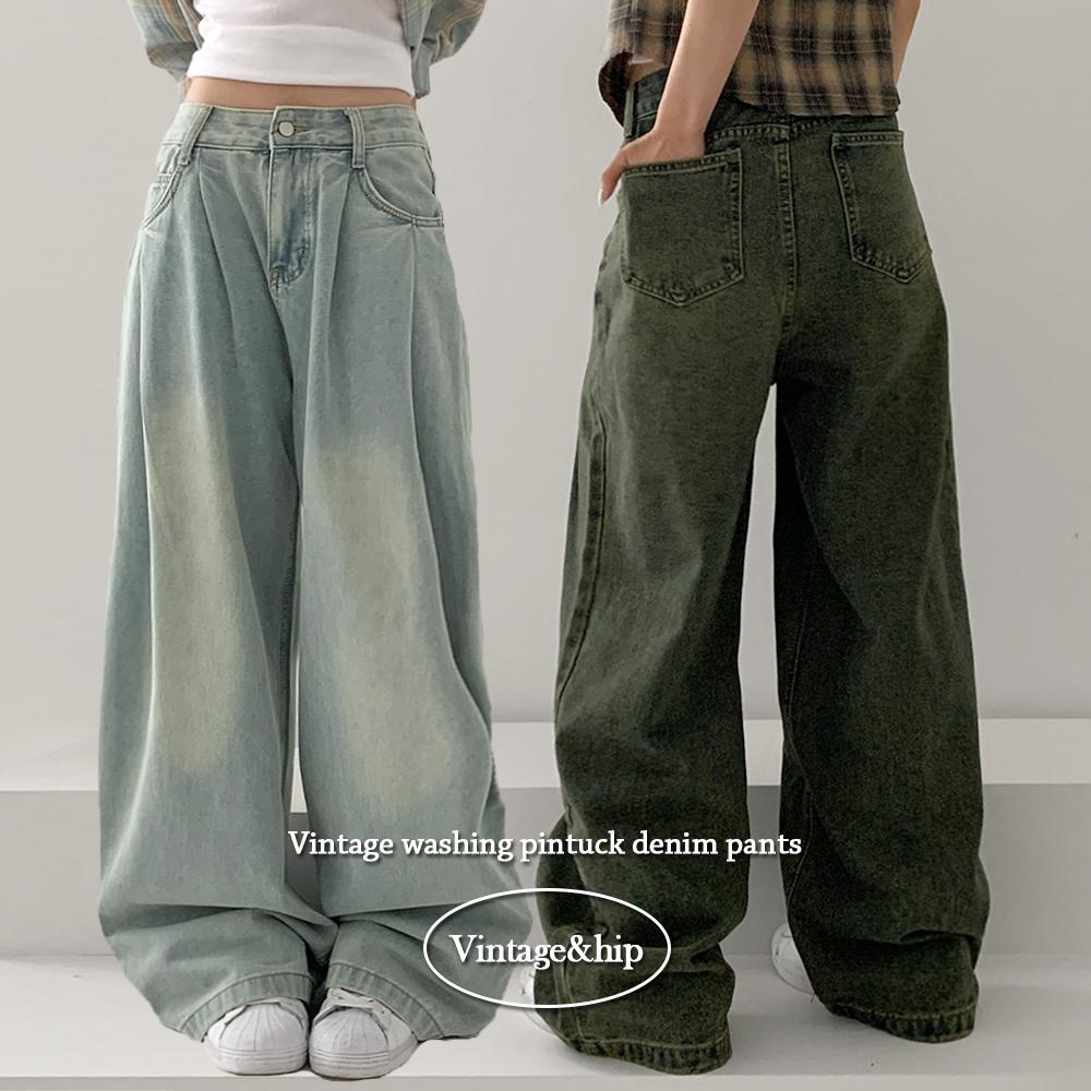 키키러브 [*사계절데님👖/핏보장🖤] *흔하지 않은 워싱* 몰리 탄탄핏 빈티지 투 핀턱 롱 와이드 데님 팬츠 청바지 - 3color