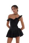 RUFFLE DETAIL MINI PLEATED FLARE DRESS - Black / XS