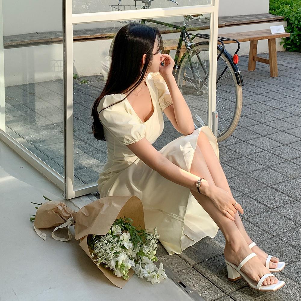 썸머 스퀘어넥 퍼프 백트임 리본 롱 원피스