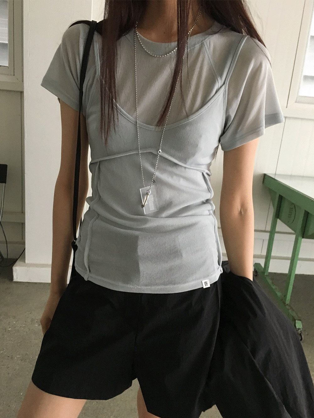 메틸 mesh layered half t-shirt (4colors)