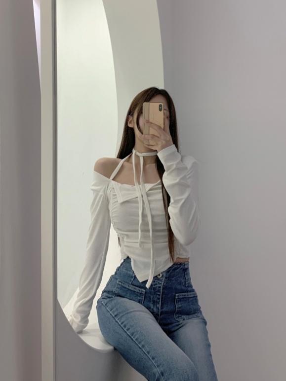 💛여리여리💛솔지 볼륨 가슴 셔링 초커 타이 여리 스퀘어넥 블라우스 티셔츠 5color