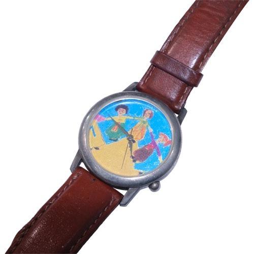 1990's Vintage Dancing Figures Quartz Watch Stainless Steel, Brown Leather Band
