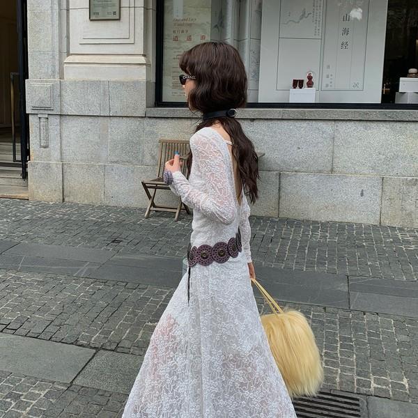 LRIB Dream Lace French Romantic Round Neck Large U Backless Dress