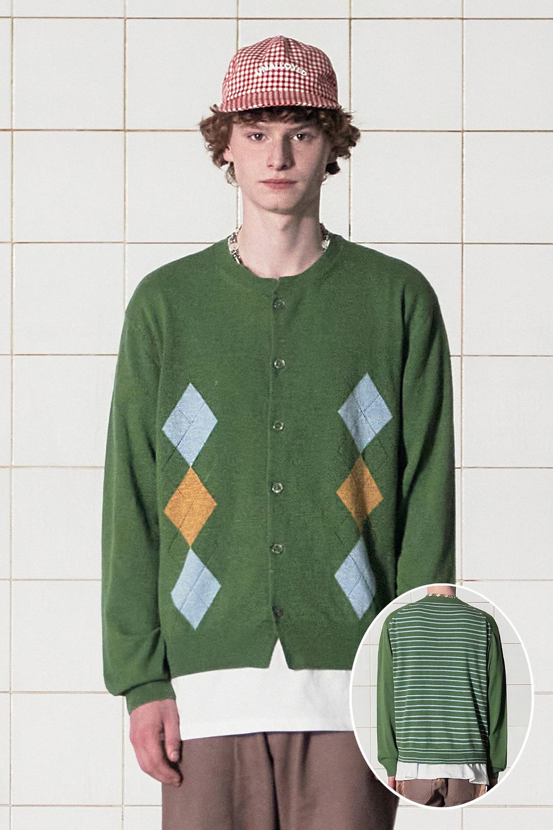 ARGYLE STRIPE CARDIGAN / GREEN