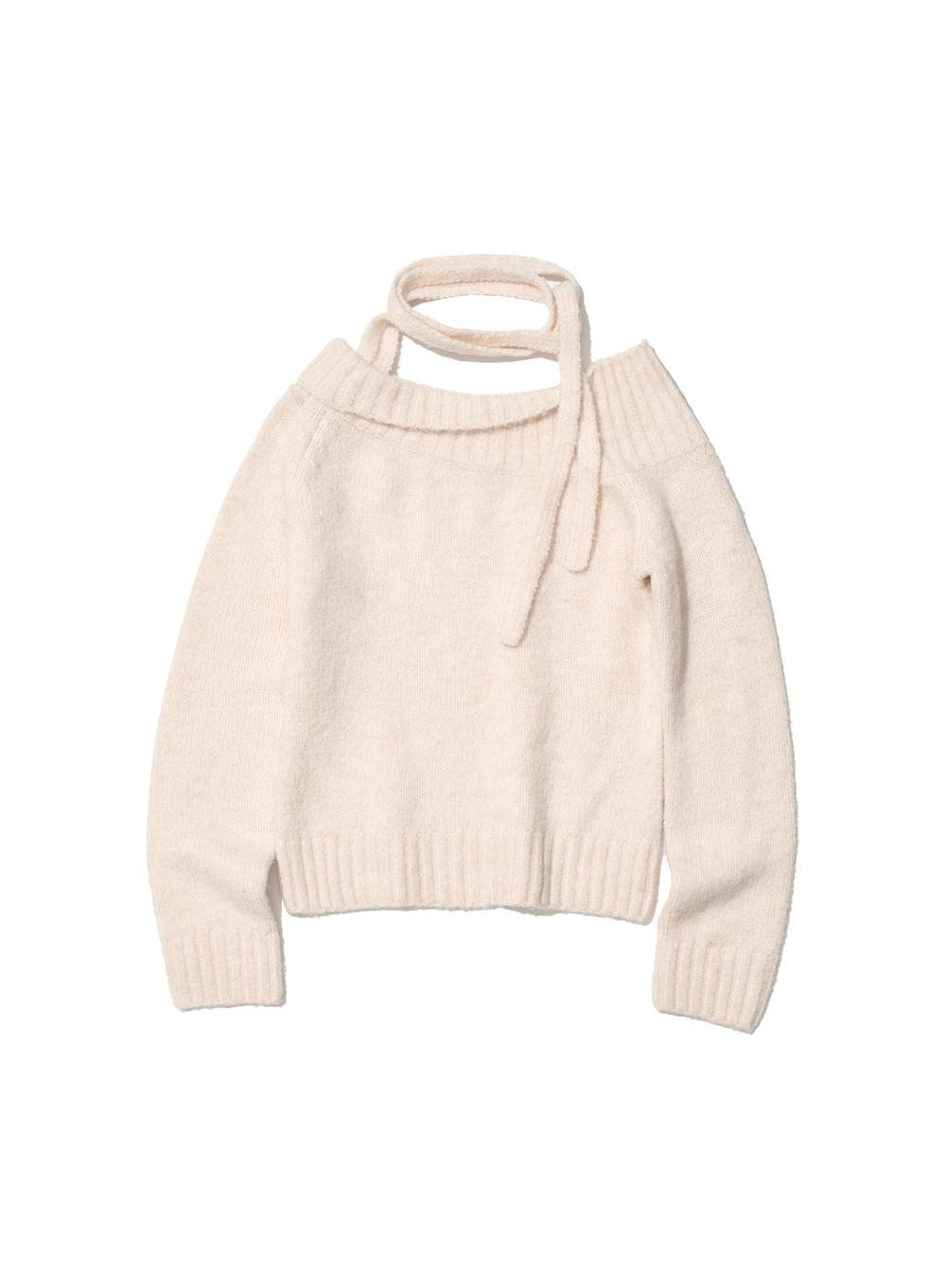[WOMEN] TIE NECK STRAP UNBALANCED KNIT TOP_IVORY