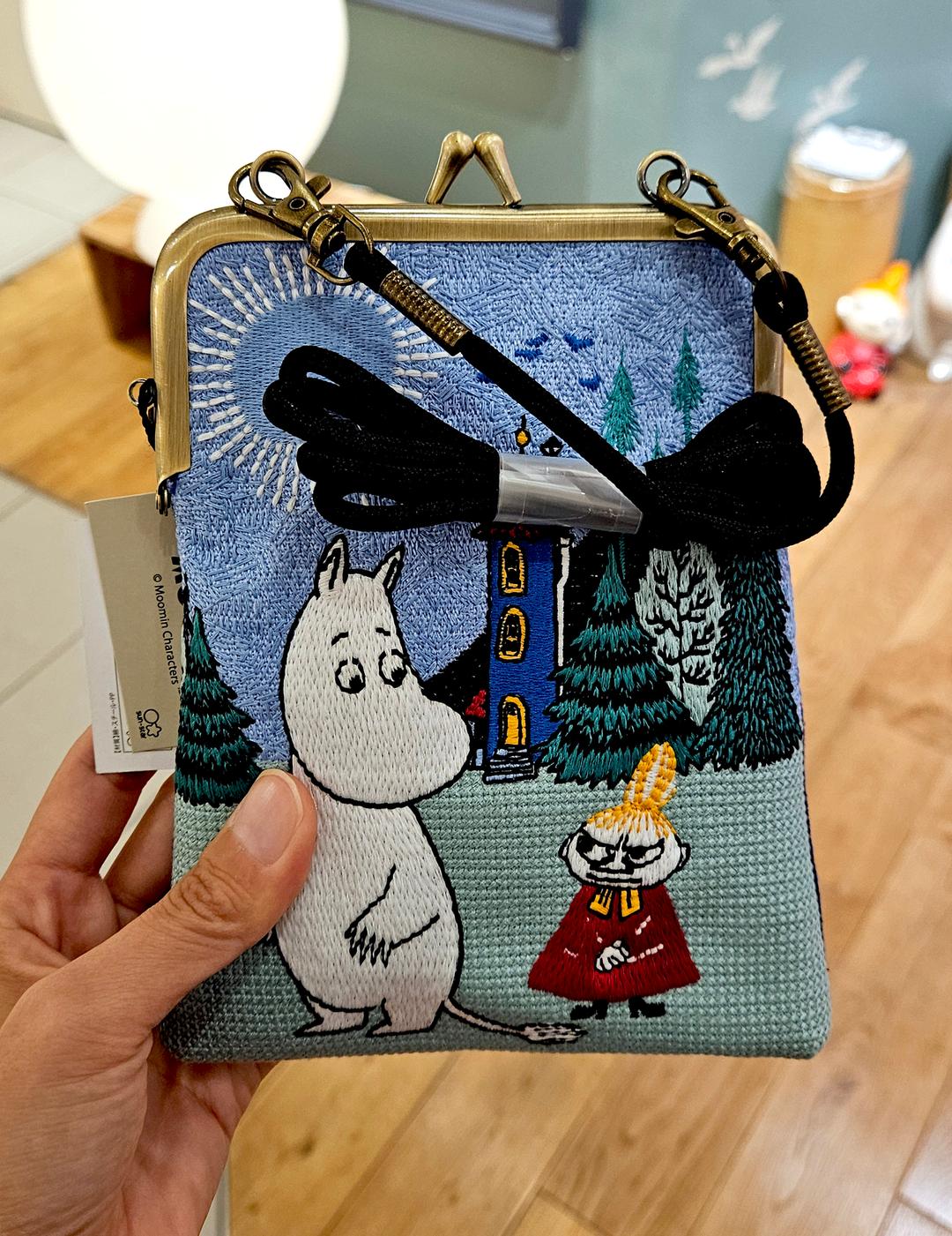 무민 다다미 자수 가마구치 똑딱이 네이비 파우치 숄더백