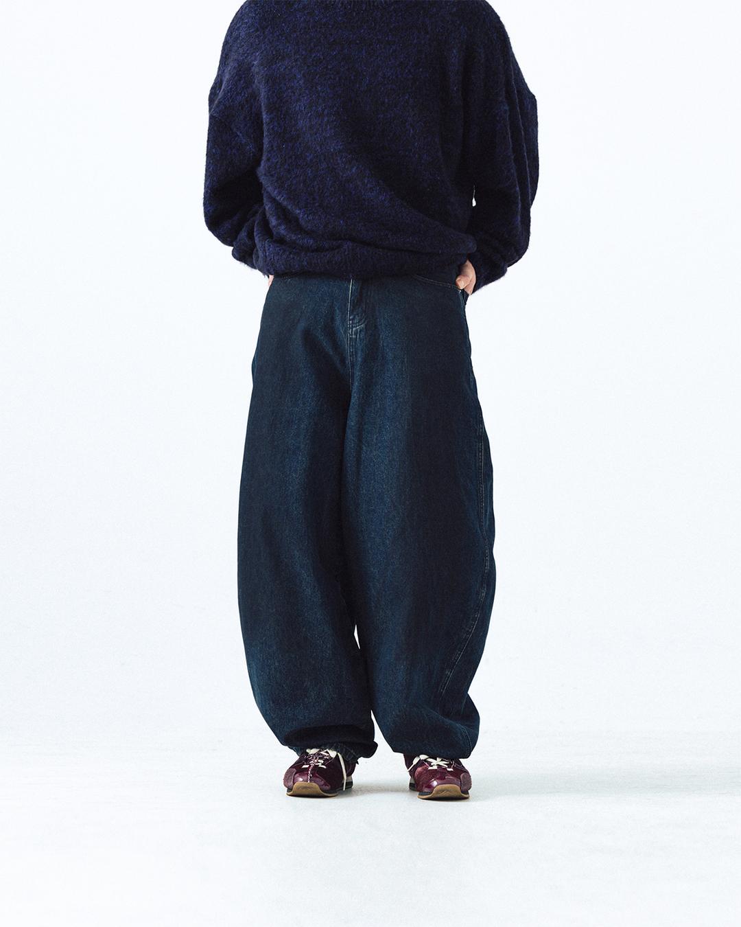 Oil Washed Curved Denim Pants - Blue Denim