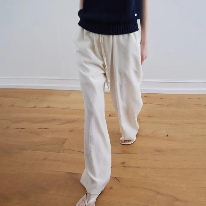 Pleated Elastic Waist Wide-Leg Pants_CREAM