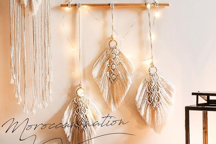 [해외] 보헤미안 깃털장식 핸드메이드 마크라메 월행잉 벽장식 소품