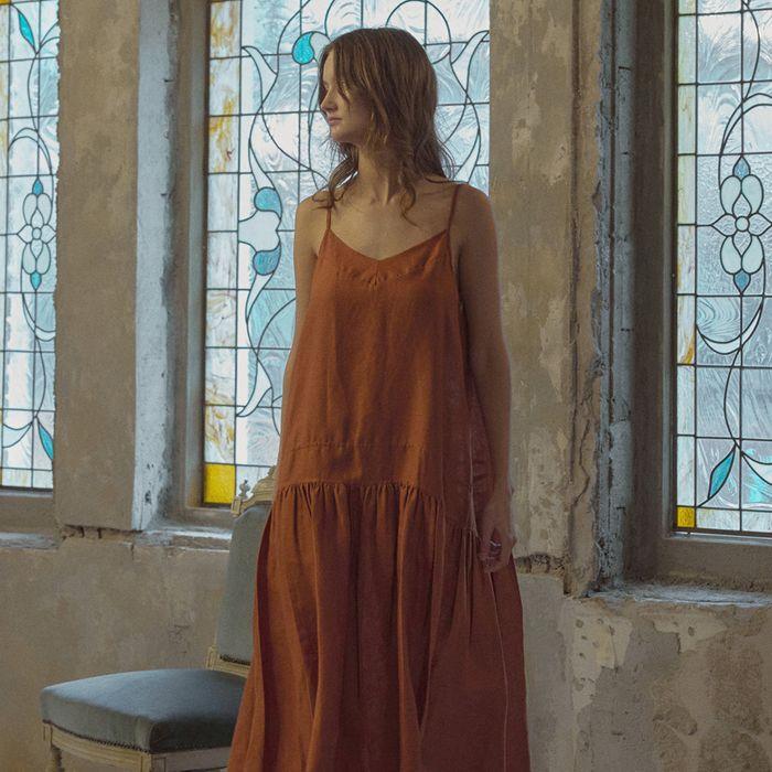 Lily shirring linen long dress