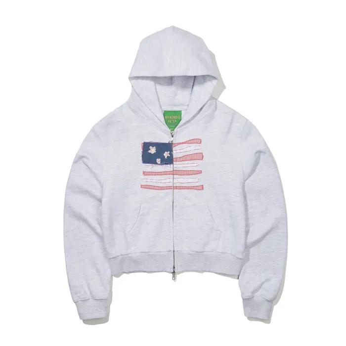 (W) USA FLAG APPLIQUE ZIP HOODIE - LIGHT GRAY