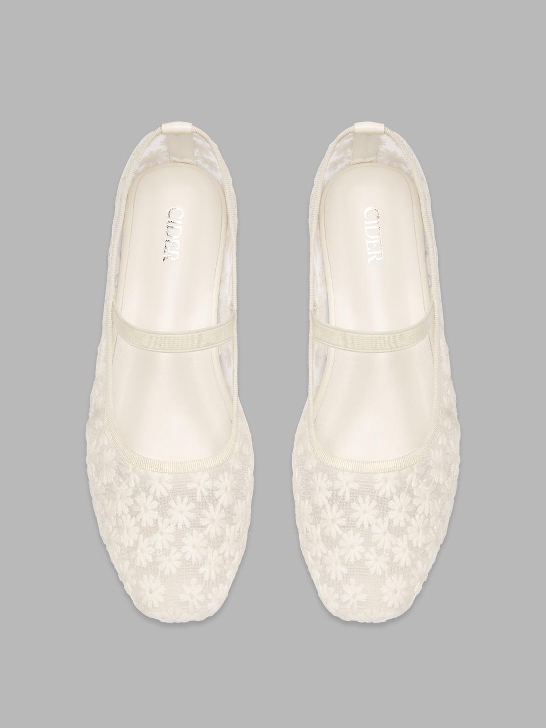 플로럴 자수 메쉬 메리 제인 플랫