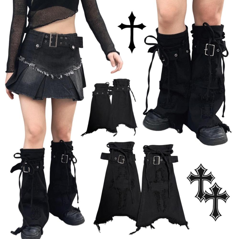 Black denim belt string leg warmer (1color)