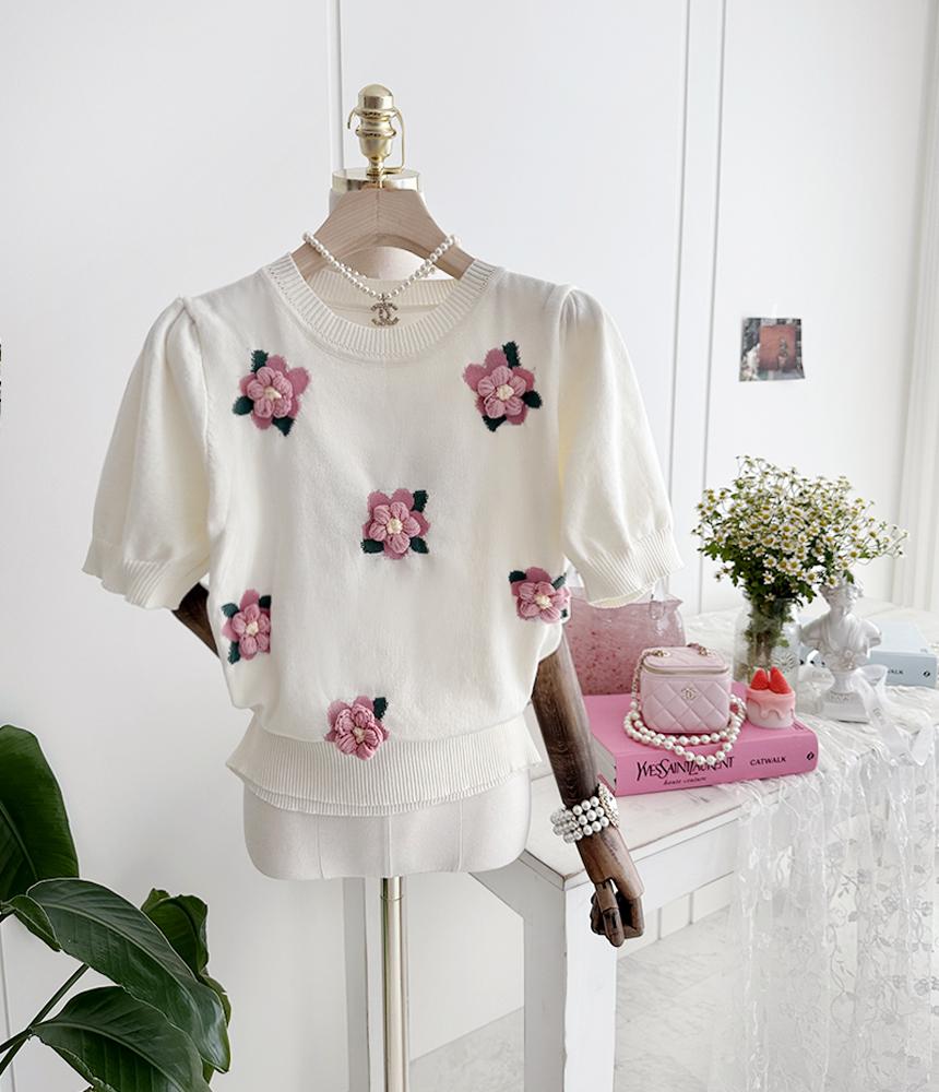 라운드 플라워 코사지 봄 여름 니트 반팔 티