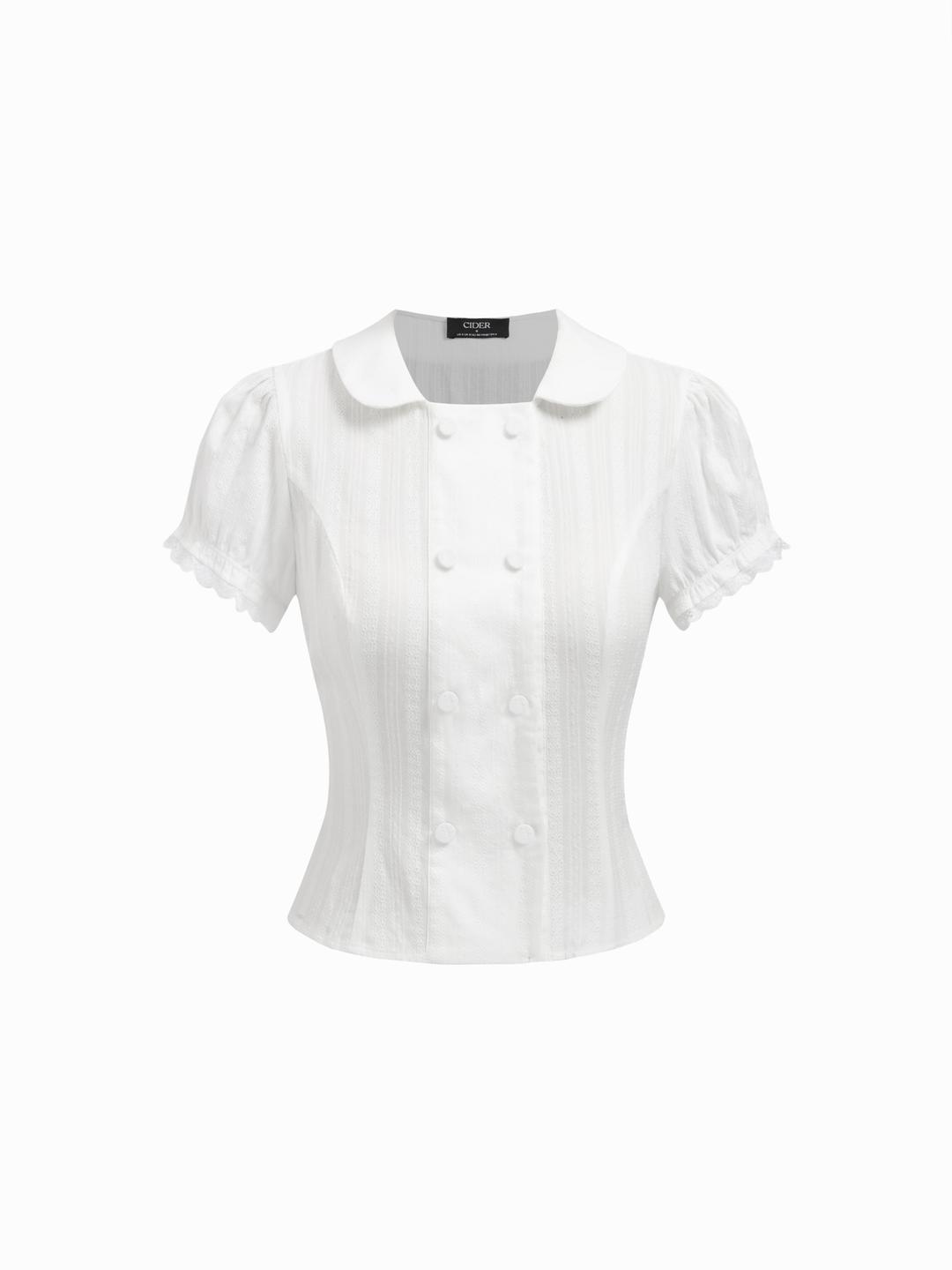 Cotton-blend Textured Puff Sleeve Ruffled Short Sleeve Blouse