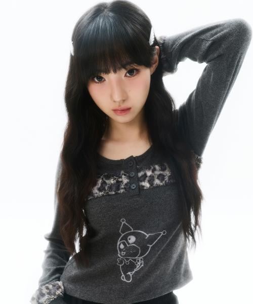 [KUROMI] FUR BUTTON SLEEVE TEE(CHARCOAL)