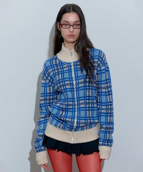 Mohair Check Zip-Up Multi Blue