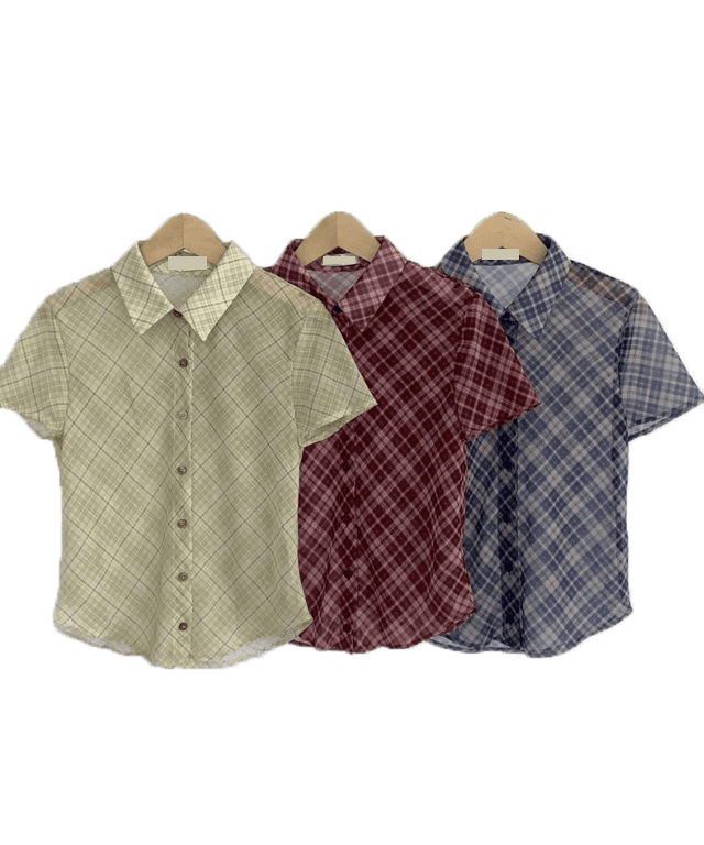 [은근 시스루] 반팔 체크 롤링 셔츠