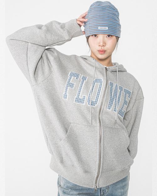 CHECK PATCH FLOWER ZIP UP HOOD(GREY)