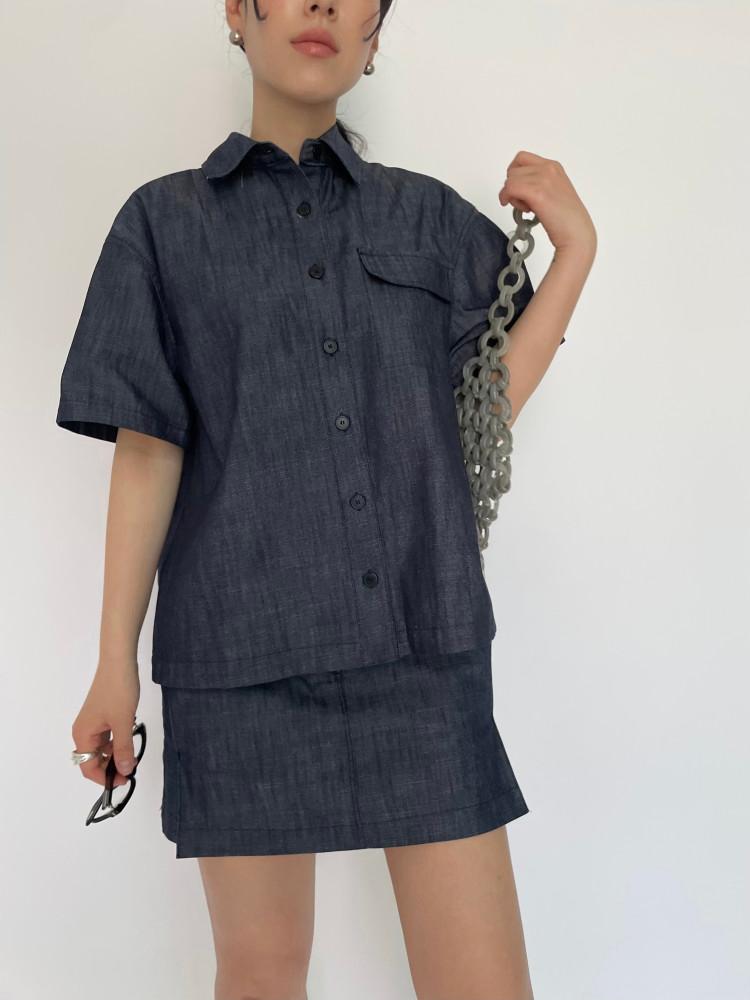 RAW DENIM SET - UP 생지 데님 반팔 여름 셔츠 미니스커트 셋업