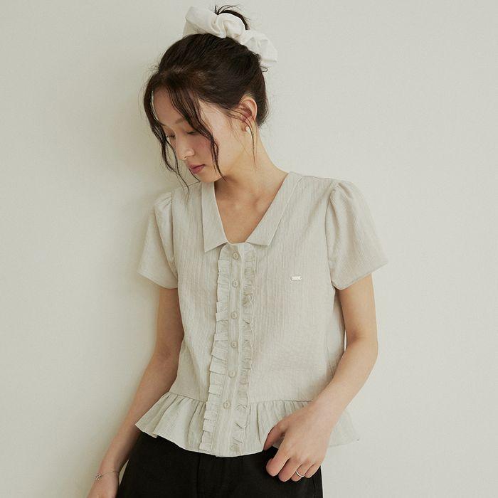 Frill jacquard cap sleeve blouse - Ash khaki