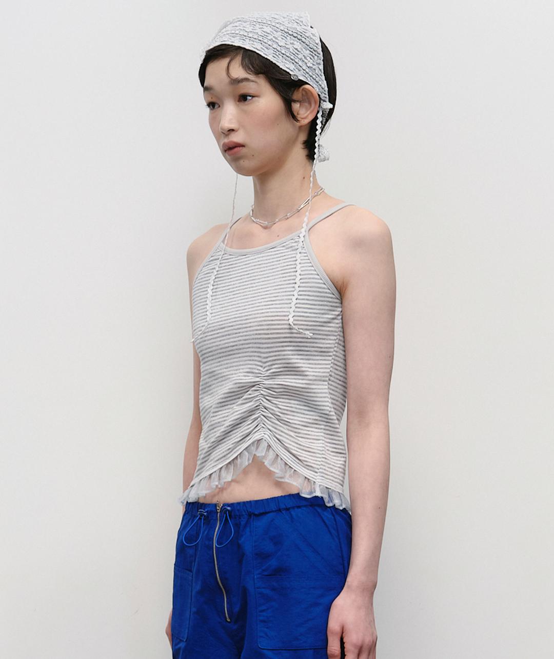 Stripe Shirred Sleeveless Top [Gray]