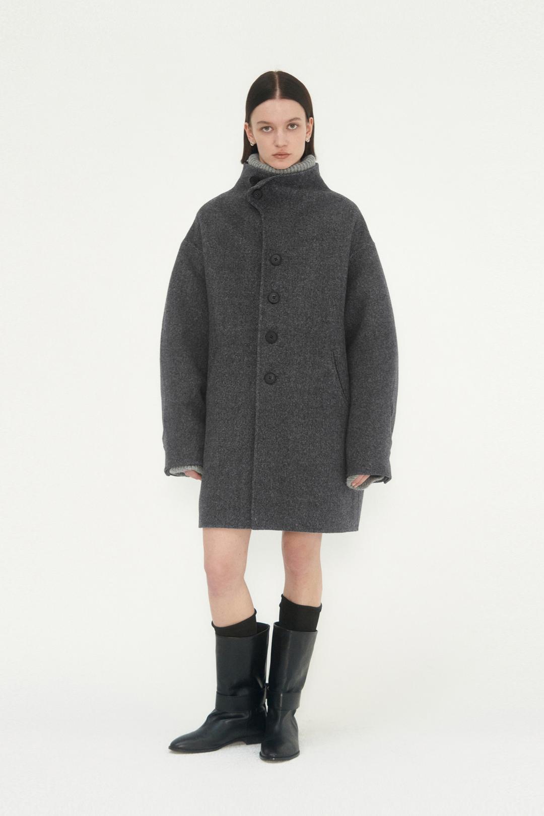 HANDMADE) High-Neck Half Pea Coat  [ Gray ]