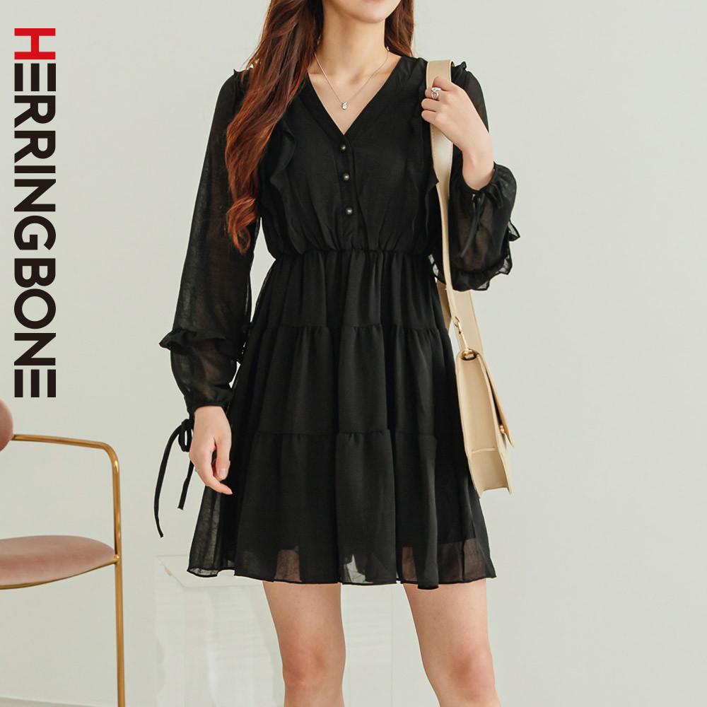 시스루 긴팔 브이넥 블랙 쉬폰 A라인 프릴 플레어 쉬폰 데일리 러블리 데이트룩 미니원피스 HE034