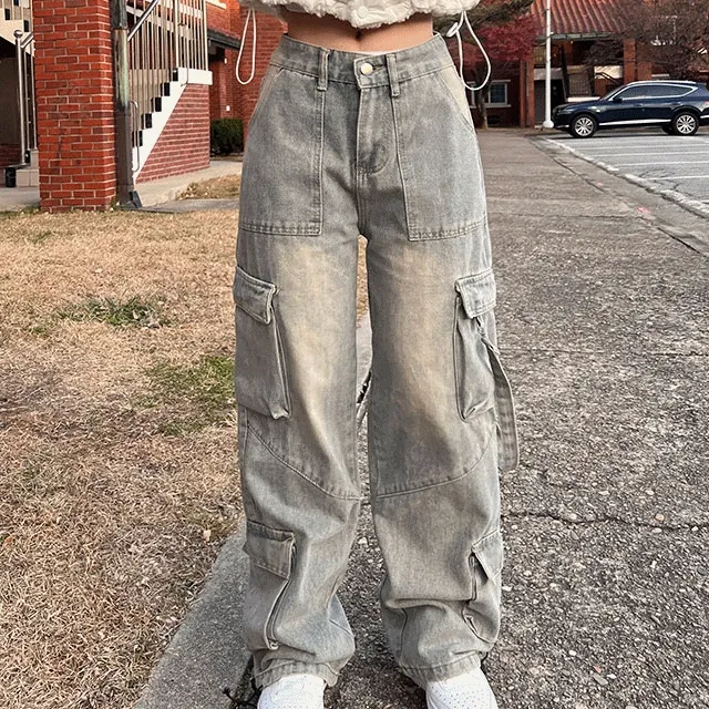 [*Best*당일출고/조거&와이드] 카고 스트링 조거 와이드 스트랩 y2k 포켓 데님팬츠 와이드팬츠 조거바지