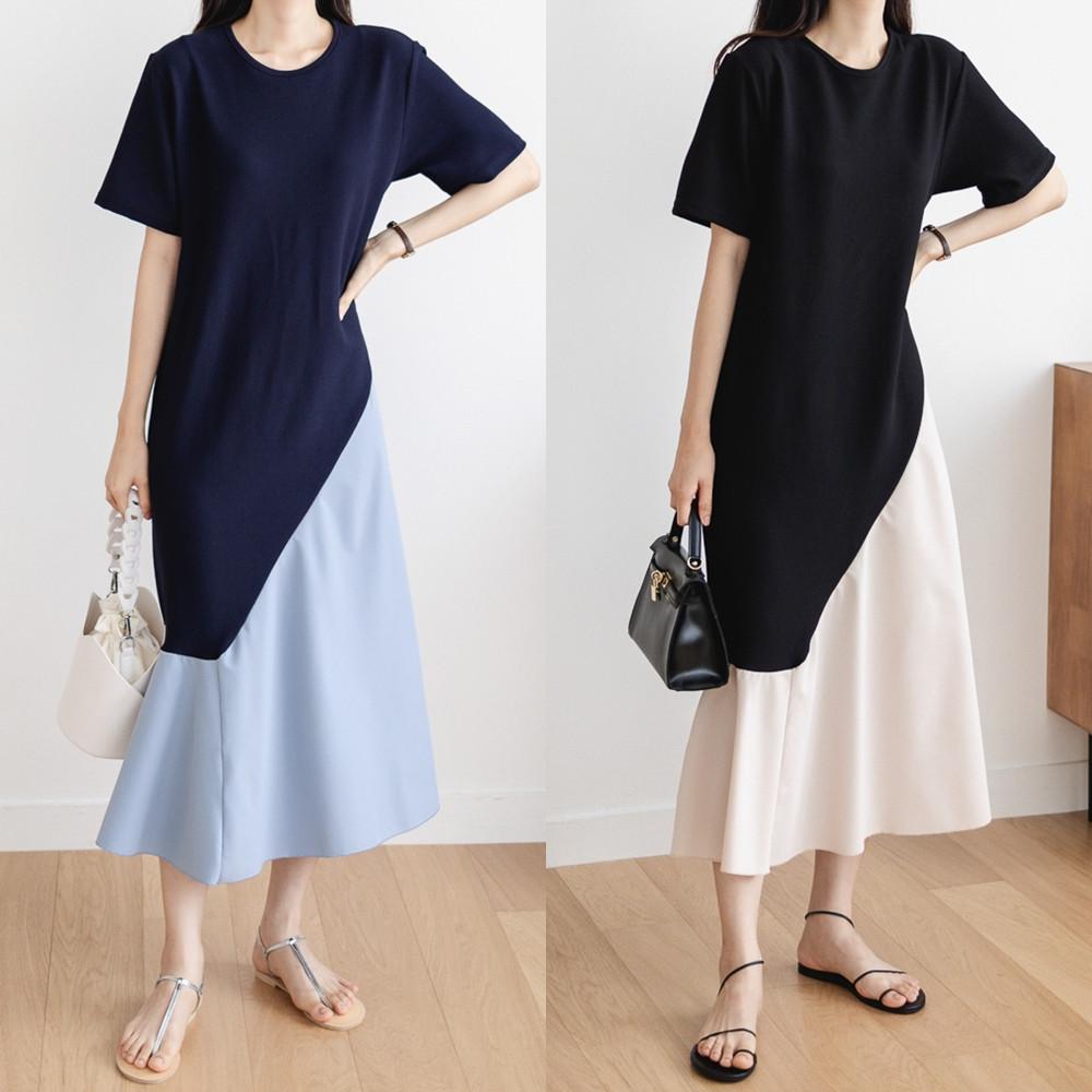 55-77 여름 스판 플레어 롱 반팔 원피스 블랙 검정 여성 40 50대 60 중년 엄마옷