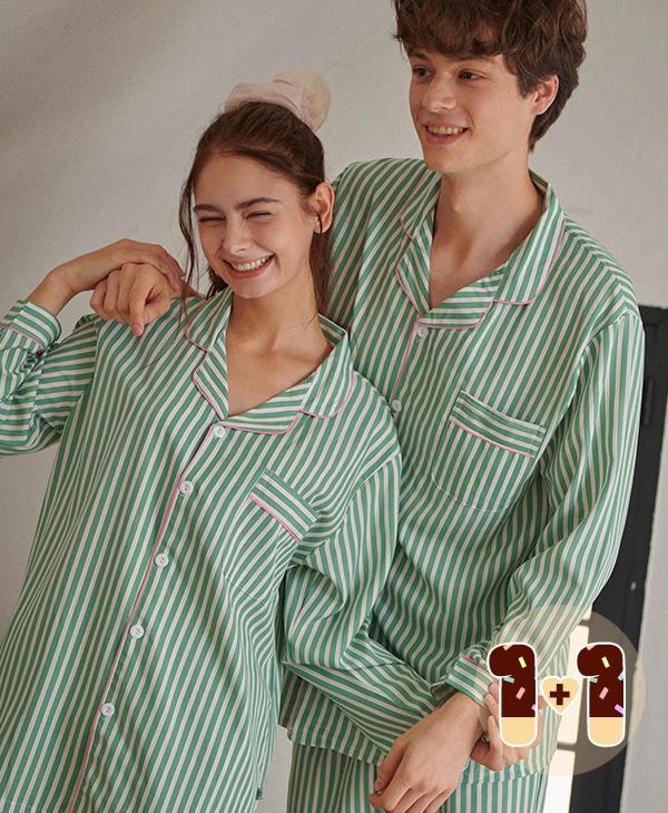 [빼빼로데이 1+1] 민티 스트라이프 긴팔 커플 잠옷 세트