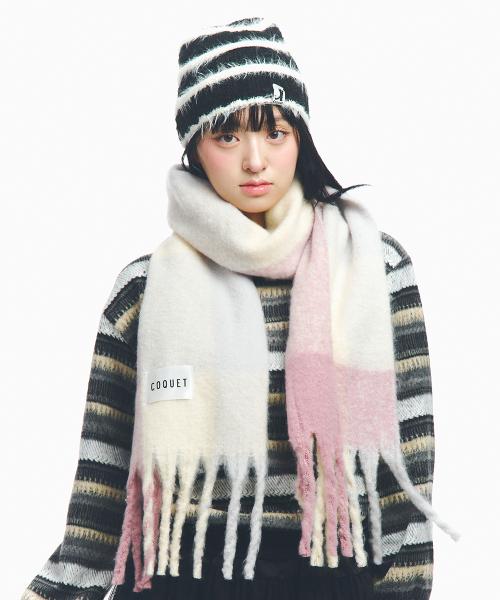 FRINGED BRUSHED CHECK LONG MUFFLER INDI PINK