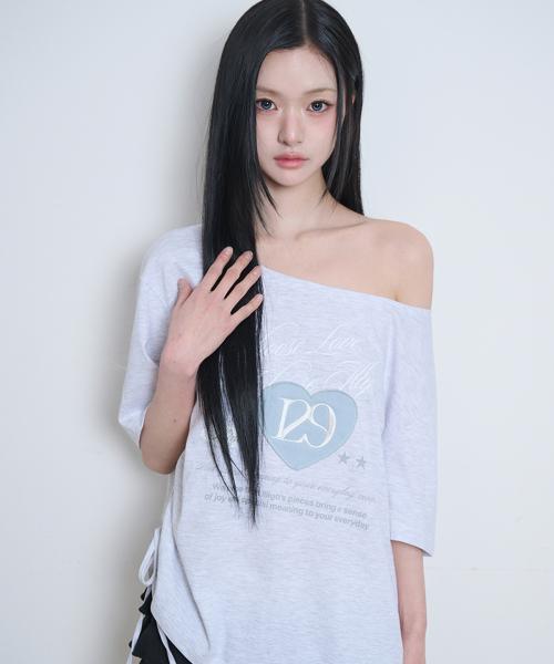 129 하트 레터 오프숄더 티셔츠 백멜란지