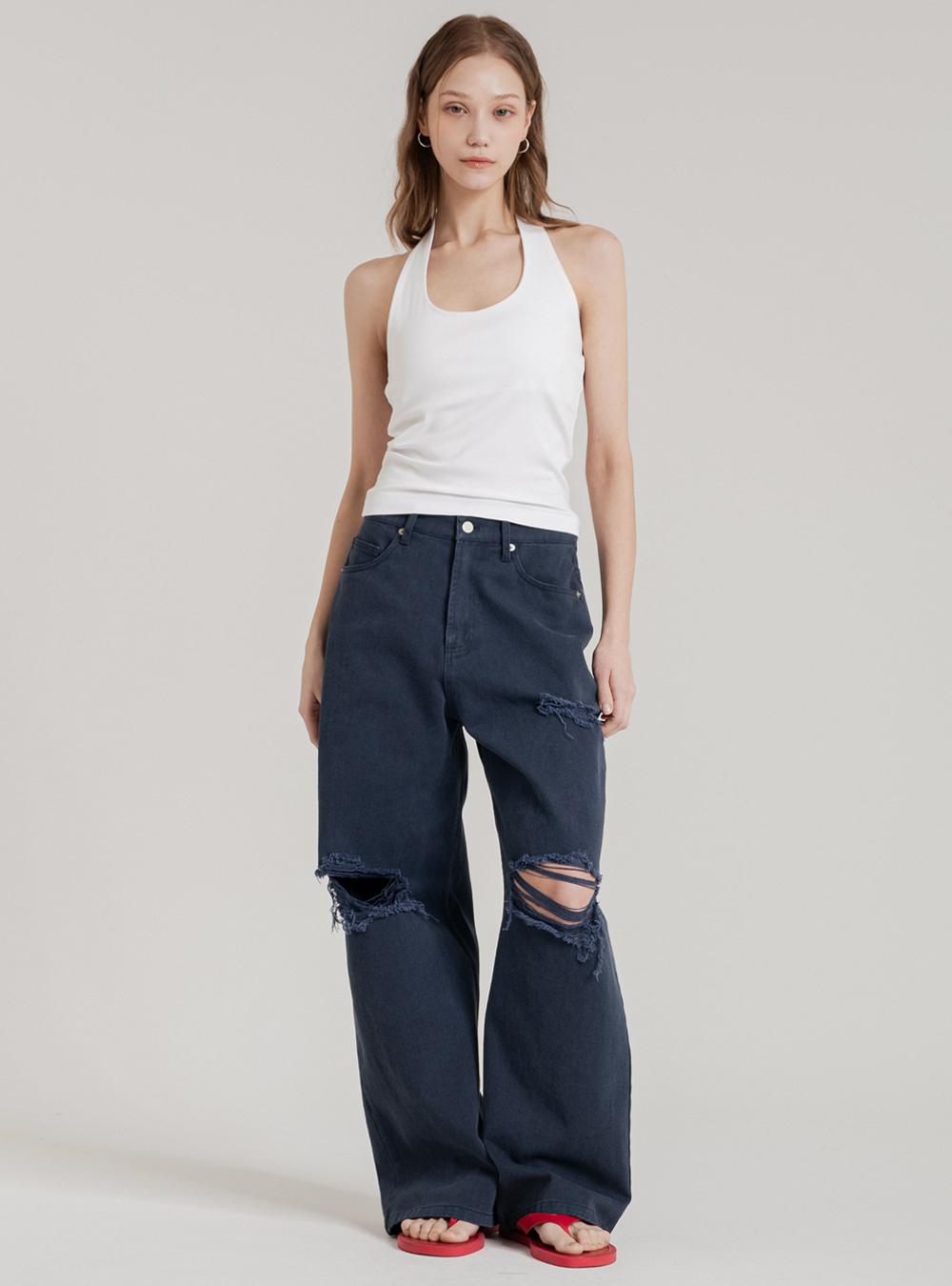 Muted Destroyed Denim Pants Navy