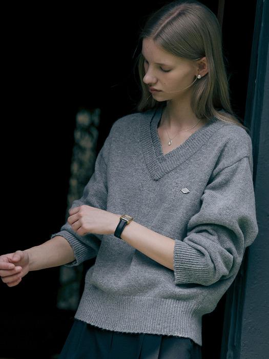 Double rib v-neck wool blended knit_Gray