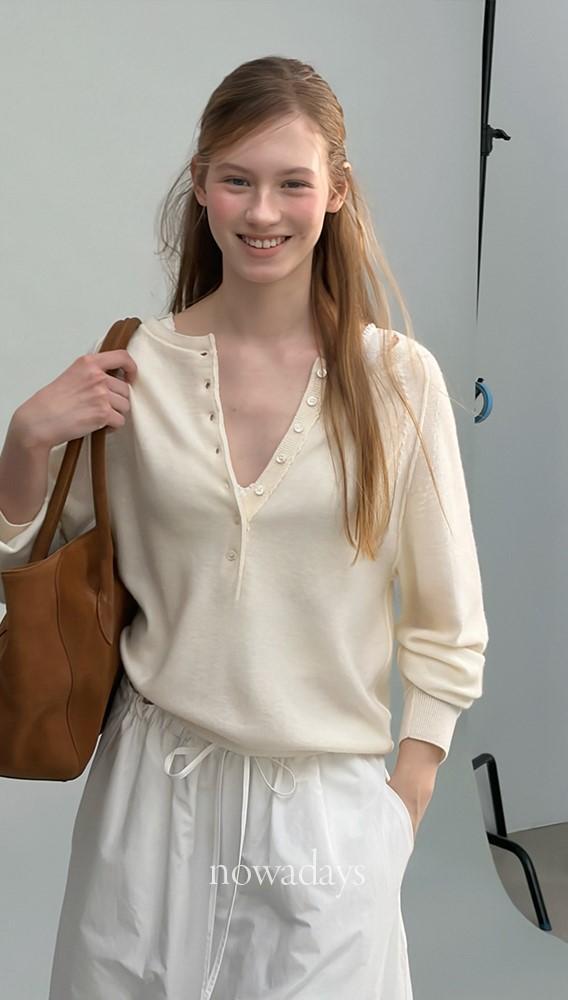 나우어데이즈 forest 포레스트 아리엘 캐시 나그랑 니트 울 긴팔 라운드 버튼 nt (3col)